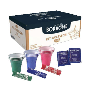 KIT CAFFE' ESPRESSO BORBONE CON 150 TAZZINE, PALETTINE E BUSTINE DI ZUCCHERO