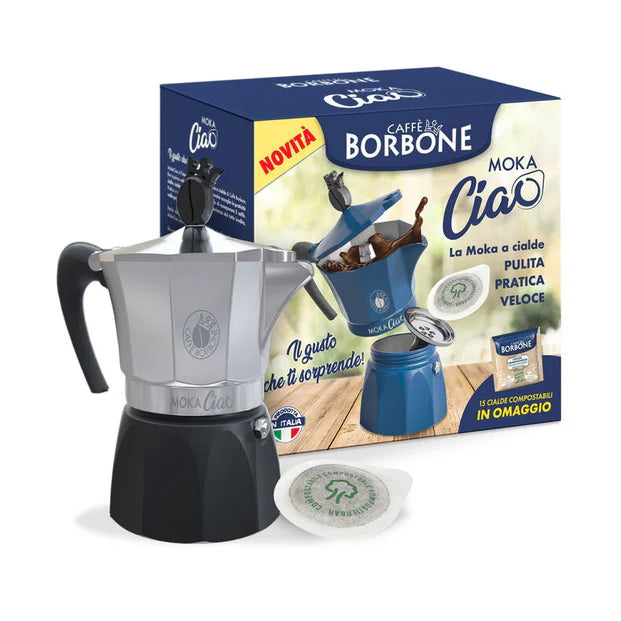 Moka Ciao - caffettiera da 3 tazze. Con 15 cialde miscela blu OMAGGIO.